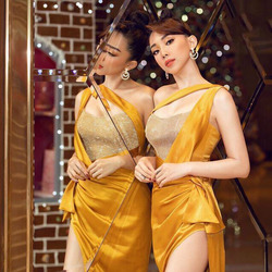 Đầm dạ hội dài dự tiệc thiết kế xẻ tà hở lưng màu vàng quyến rũ