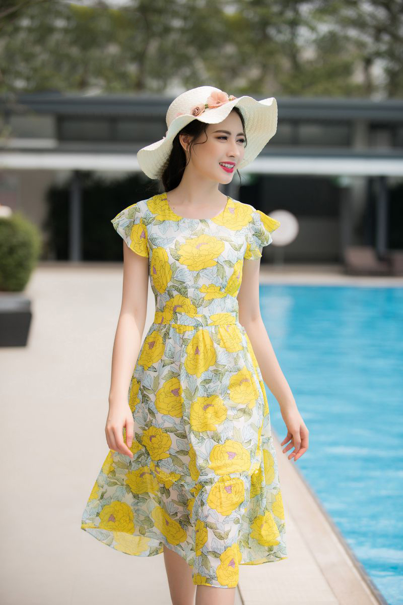 Đầm xòe họa tiết tay cánh tiên sang chảnh - vàng - đầm xòe ly ly
