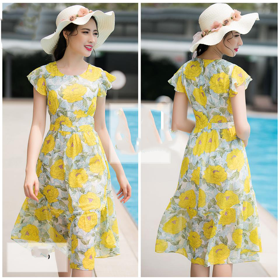 Đầm xòe họa tiết tay cánh tiên sang chảnh - vàng - đầm xòe ly ly