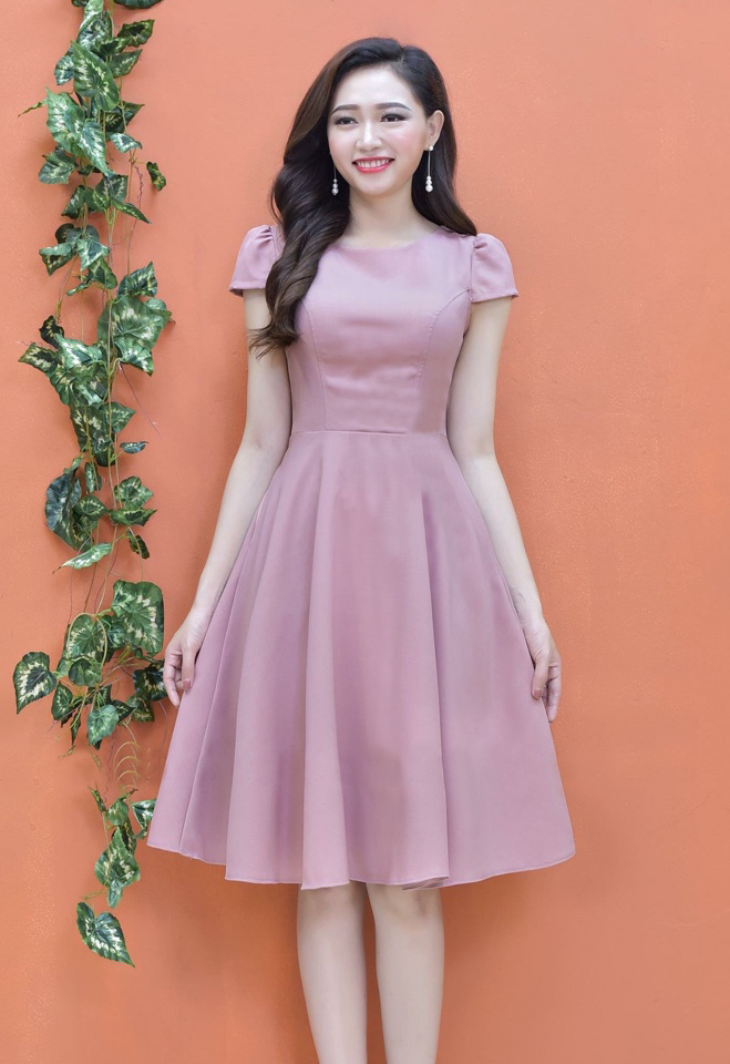 Đầm xòe công sở tay con thiết kế màu hồng nhạt dễ thương