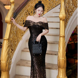 Đầm Bẹt Vai Kim Sa Đô Lưới Đuôi Cá Quyến Rũ