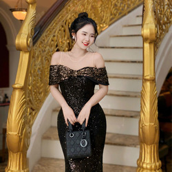 Đầm Bẹt Vai Kim Sa Đô Lưới Đuôi Cá Quyến Rũ