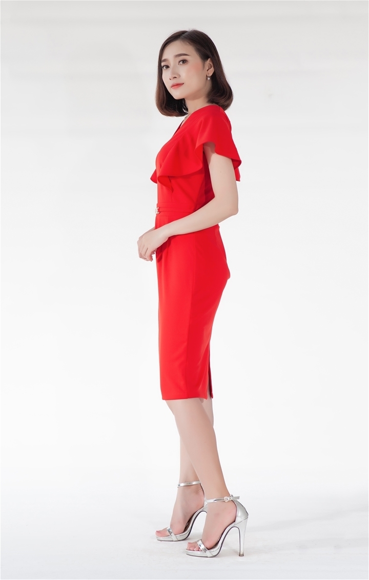 Đầm body công sở tay cánh tiên khóa eo màu đỏ dễ quyến rũ - đầm công sở hàn quốc sang trọng