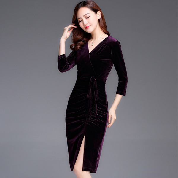 FM Style  Váy Nhung Dáng Dài Viền Ren