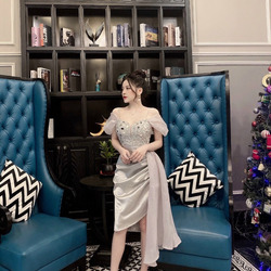 Đầm body phi đính đá gương nhúng tà sang trọng