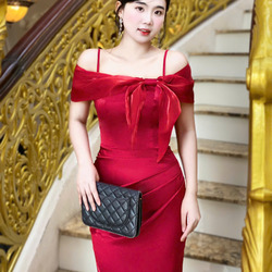 Đầm Body Phi Lụa Nơ Ngực Bẹt Vai Dự Tiệc Sang Trọng