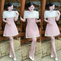 Đầm Chữ A Phối Màu Trễ Vai Sang Trọng