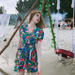 Đầm cổ đắp họa tiết có dây dễ thương
