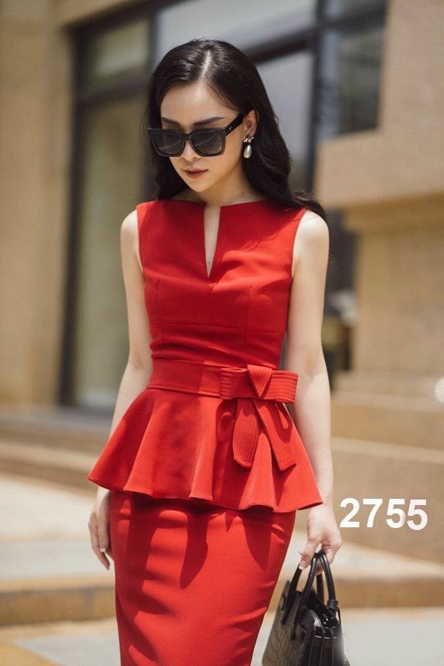 Đầm công sở peplum màu đỏ sang trọng - váy yếm công sở
