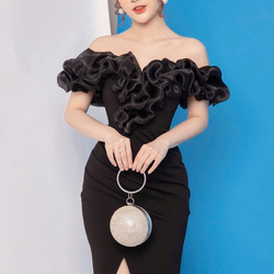 Đầm Dạ Hội Bẹt Vai Xếp Ly Bụng Thời Trang