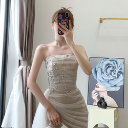 Đầm Dạ Hội Cúp Ngực Phối Lưới Xếp Ly Dự Tiệc Sang Trọng