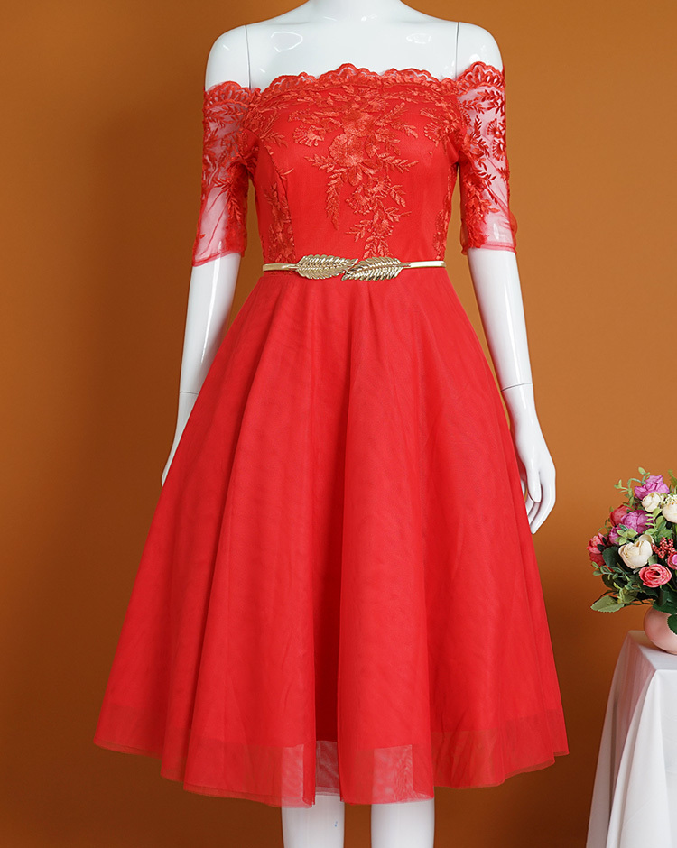 Đầm dạ hội dáng xòe cao cấp thiết kế trễ vai màu đỏ quyến rũ - đầm xòe trễ vai dễ thương