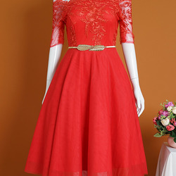 Đầm dạ hội dáng xòe cao cấp thiết kế trễ vai màu đỏ quyến rũ