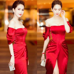 Đầm dạ hội đỏ trễ vai tay lỡ xẻ tà quyến rũ