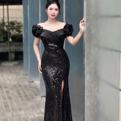 Đầm Dạ Hội Kim Sa Bèo Bẹt Vai Quý Phái