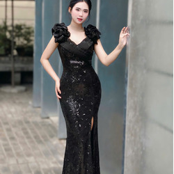 Đầm Dạ Hội Kim Sa Bèo Bẹt Vai Quý Phái