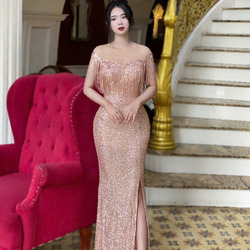 Đầm Dạ Hội Kim Sa Bẹt Vai Phối Lưới Sang Trọng