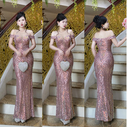 Đầm Dạ Hội Kim Sa Hoa Văn Khoét Vai Vô Cùng Sang Trọng