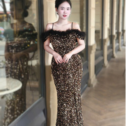 Đầm Dạ Hội Kim Sa Nhung  Bẹt Vai Quyến Rũ