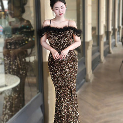 Đầm Dạ Hội Kim Sa Nhung  Bẹt Vai Quyến Rũ