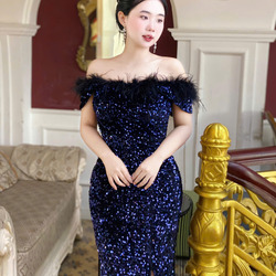 Đầm Dạ Hội Kim Sa Nhung  Bẹt Vai Quyến Rũ