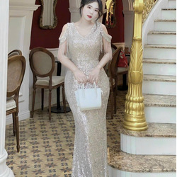 Đầm Dạ Hội Kim Sa Rớt Vai Tua Rua Sang Trọng