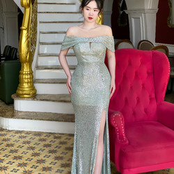 Đầm Dạ Hội Kim Sa Trễ Vai Quyến Rũ