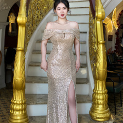 Đầm Dạ Hội Kim Sa Trễ Vai Quyến Rũ