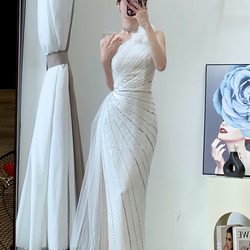Đầm Dạ Hội Lệch Vai Đính Đá Phối Tà Voan Cực Kỳ Sang Trọng