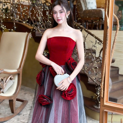 Đầm Dạ Hội Nhung Phối Lưới Cúp Ngực Đính Bông Quyến Rũ
