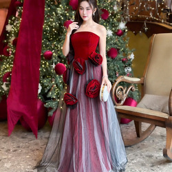 Đầm Dạ Hội Nhung Phối Lưới Cúp Ngực Đính Bông Quyến Rũ