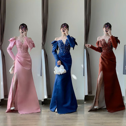 Đầm Dạ Hội Trễ Vai Tay Dài Đính Đá Sang Trọng