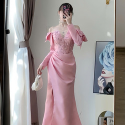 Đầm Dạ Hội Trễ Vai Tay Dài Đính Đá Sang Trọng