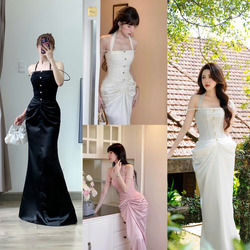 Đầm Dạ Hội Viền Dây Pha Lê Xếp Ly Trẻ Trung