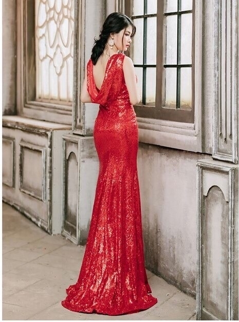 Đầm kim sa đỏ thiết kế đi dạ hội sang trọng - váy dạ hội sang trọng