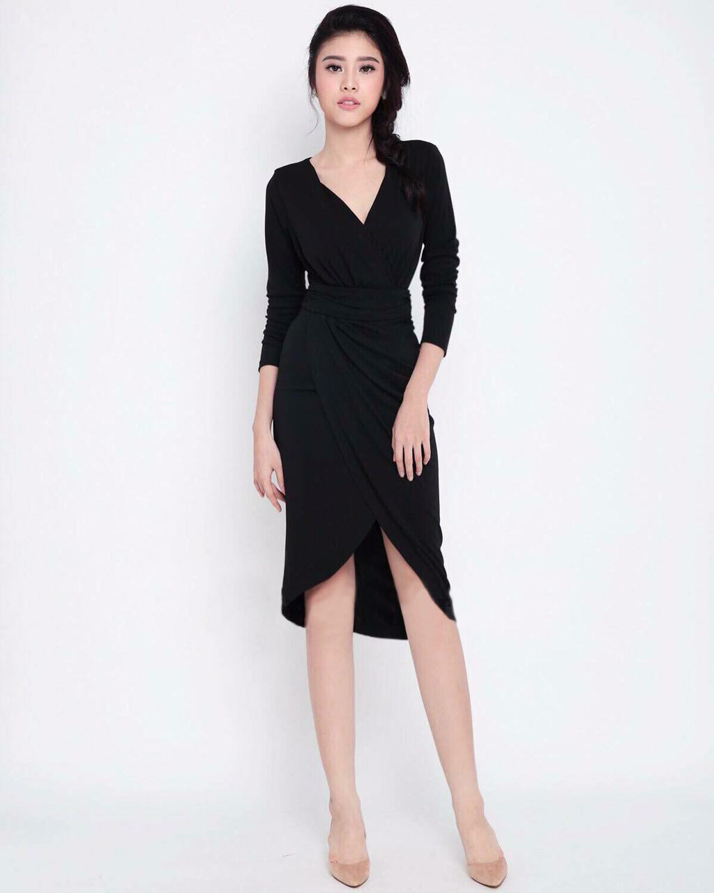 Đầm Body Phối Khoá Kéo Trước Thiết Kế Cổ Chữ V Quyến Rũ Váy Ôm Dáng Nhún Eo  Nữ Dài Tay GOVA | Shopee Việt Nam