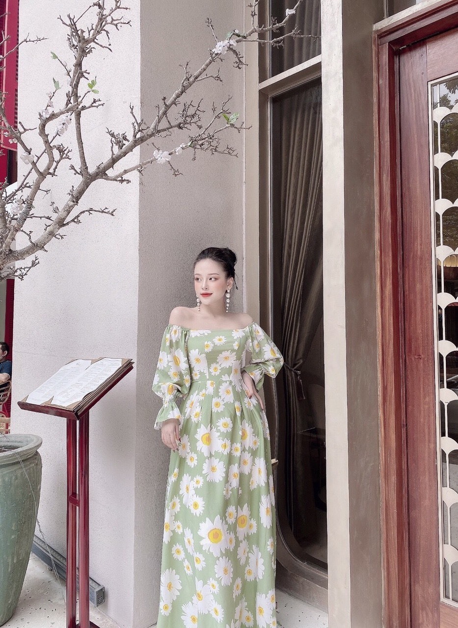 Váy hoa xanh trễ vai chun eo | Xưởng May Bích Ngọc