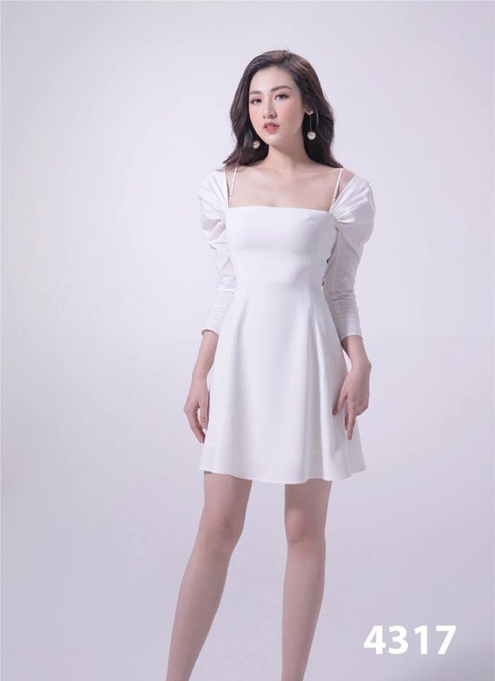 Đầm ôm body dự tiệc màu trắng thiết kế tay dài cổ vuông dễ thương - váy yếm ôm