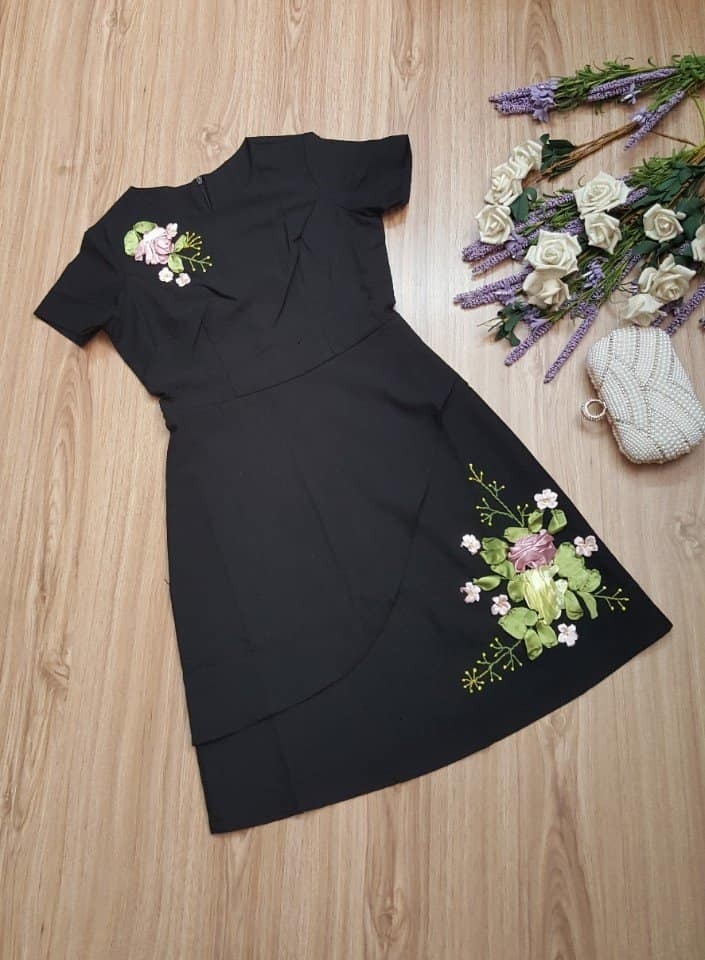 Đầm suông thiết kế hoa rubang cao cấp - váy đen xòe liền thân