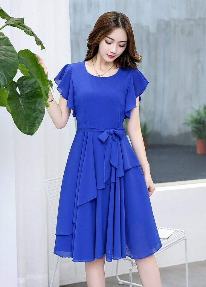 Đầm voan xòe thiết kế dễ thương màu xanh