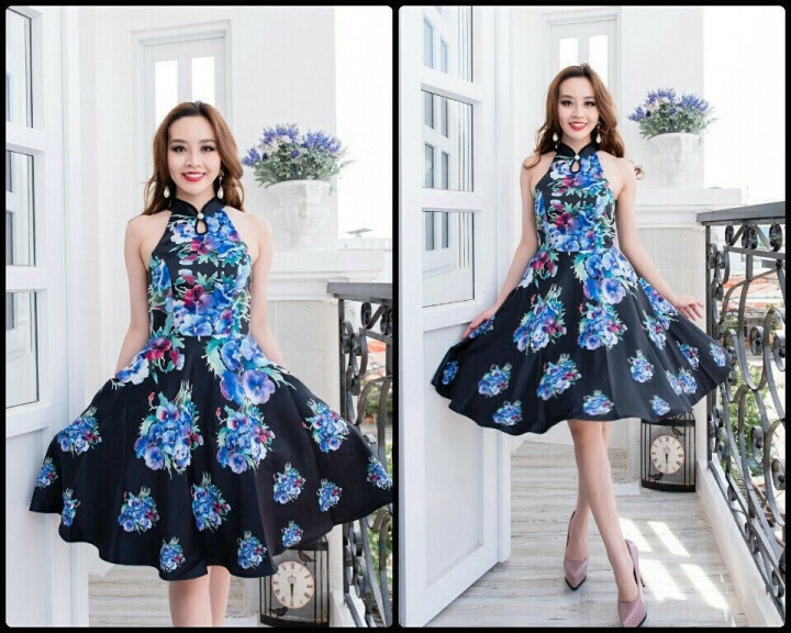 Đầm xòe cổ yếm in hoa 3d cao cấp tuyệt đẹp | Đầm xòe đẹp