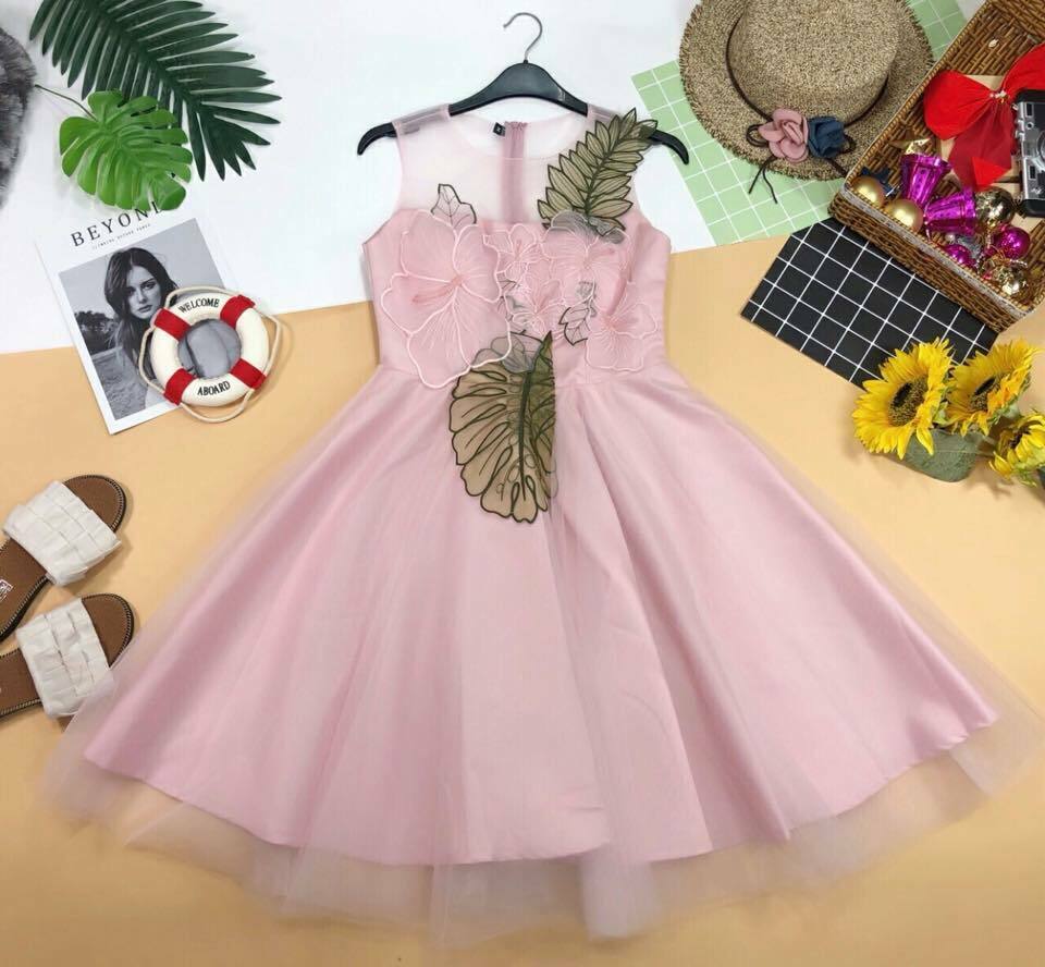 Đầm xòe công chúa lưới đấp hoa cao cấp - kiểu váy xòe đẹp