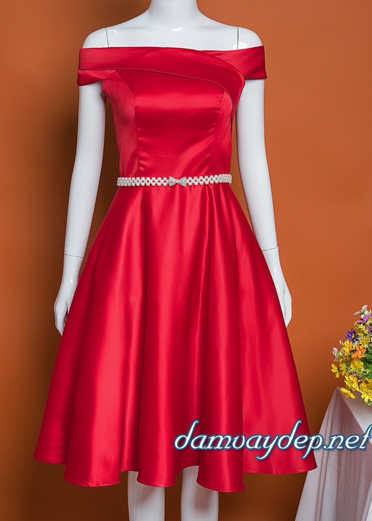 Đầm xòe dự tiệc bẹt vai cổ cách điệu màu đỏ quý phái | Đầm xòe đẹp