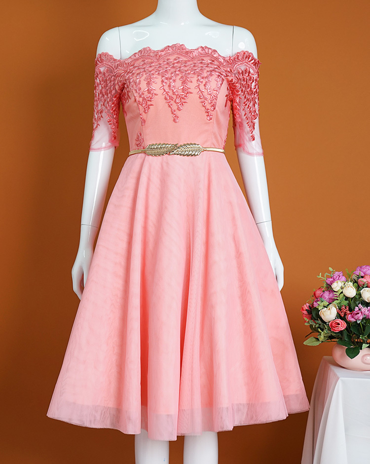 Đầm xòe dự tiệc thiết kế trễ vai quyến rũ màu hồng xinh xắn - đầm xòe trễ vai dễ thương