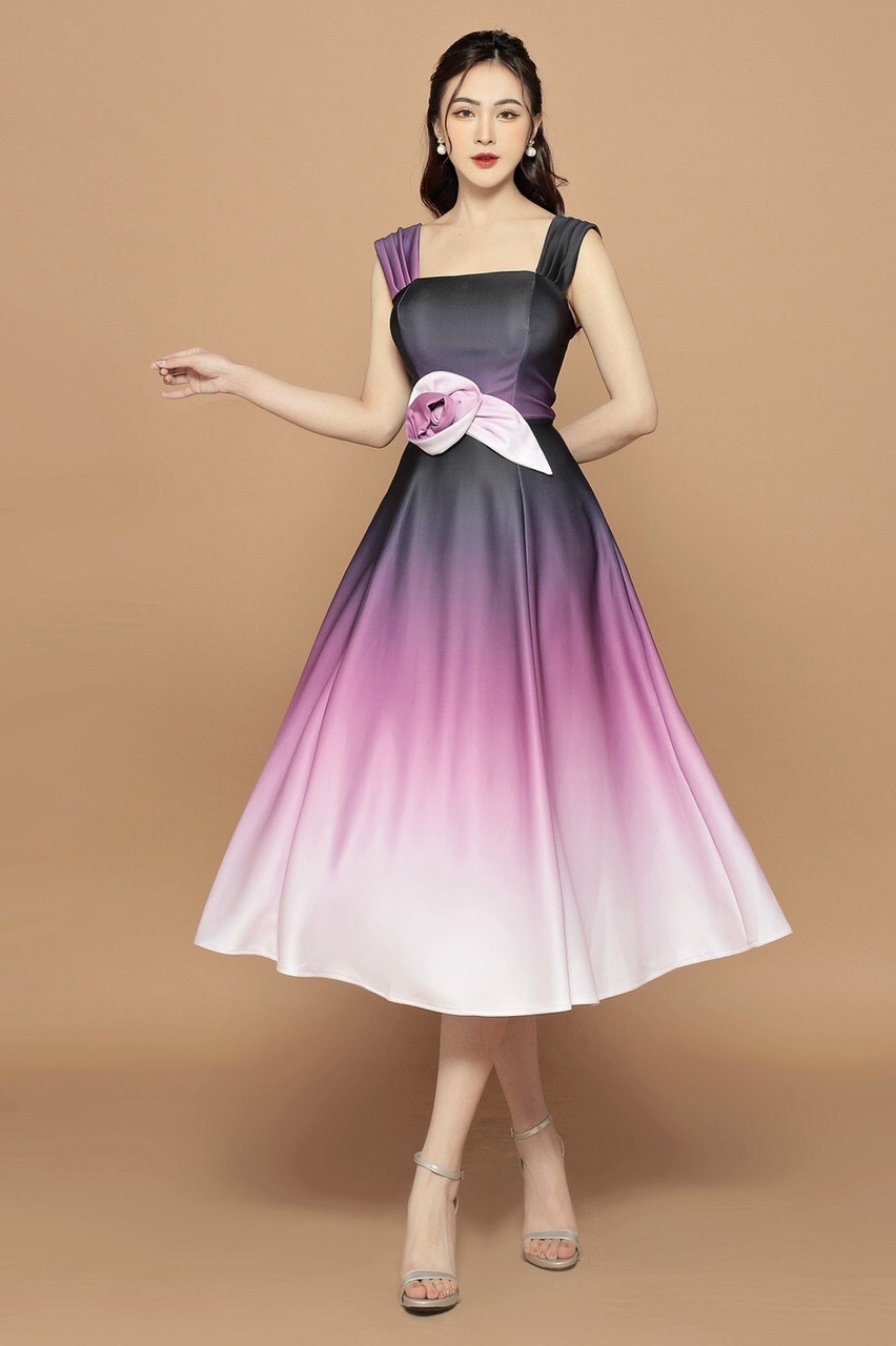 Đầm xòe hai dây thiết kế đơm bông màu loang tuyệt đẹp - váy voan hoa xòe