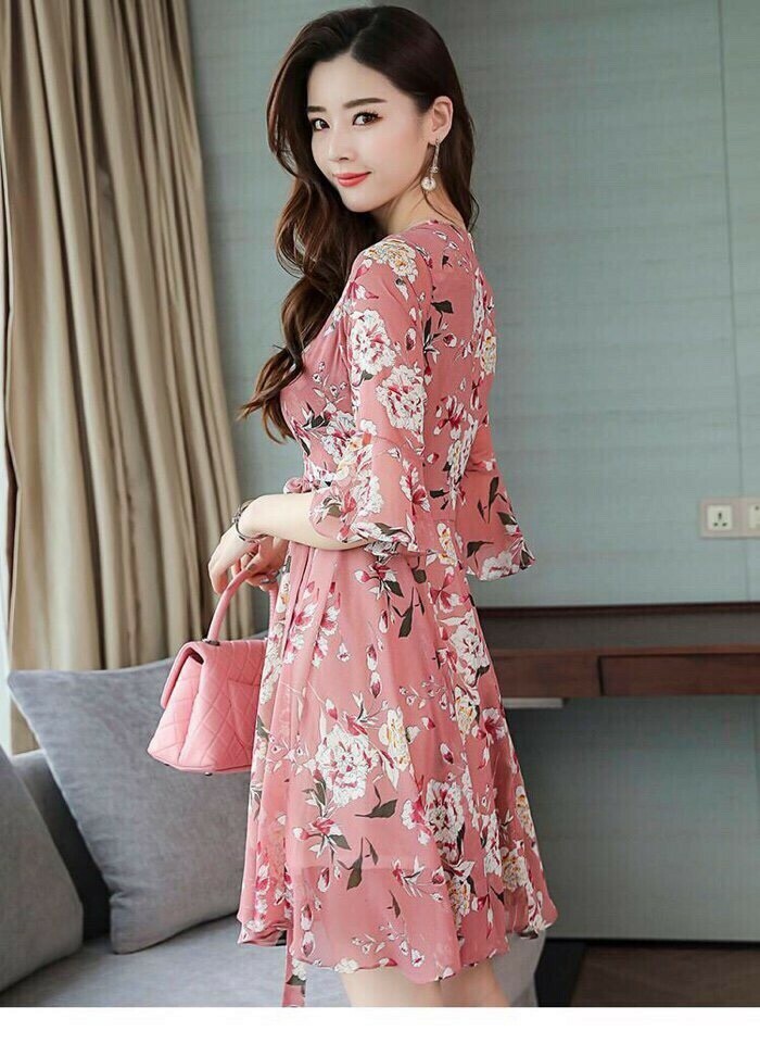 Đầm xòe họa tiết tay lỡ kèm dây màu hồng dễ thương - váy voan hoa xòe