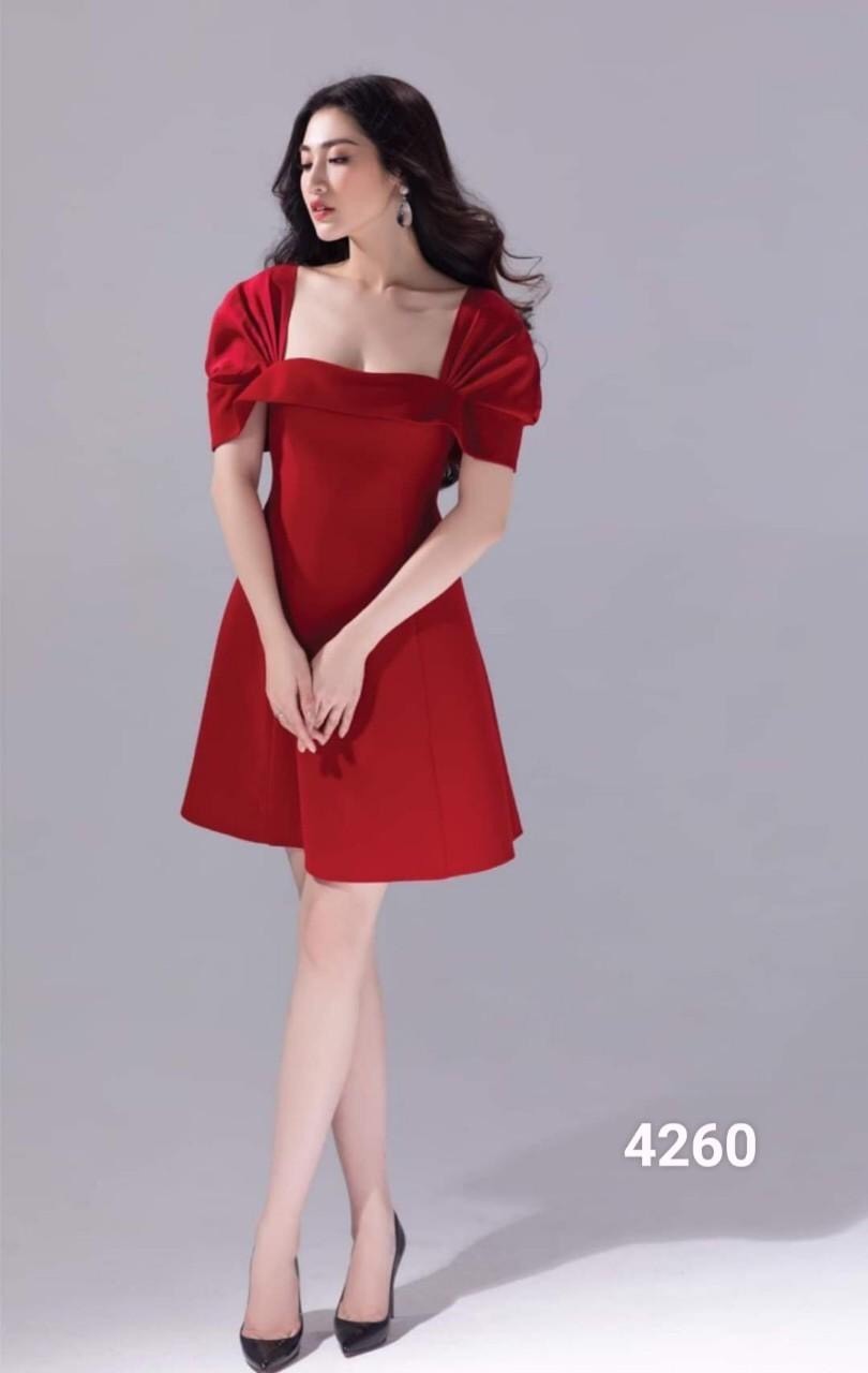 Đầm xòe màu đỏ thiết kế cổ vuông tay phồng dự tiệc sang trọng - đầm xòe trễ vai dễ thương