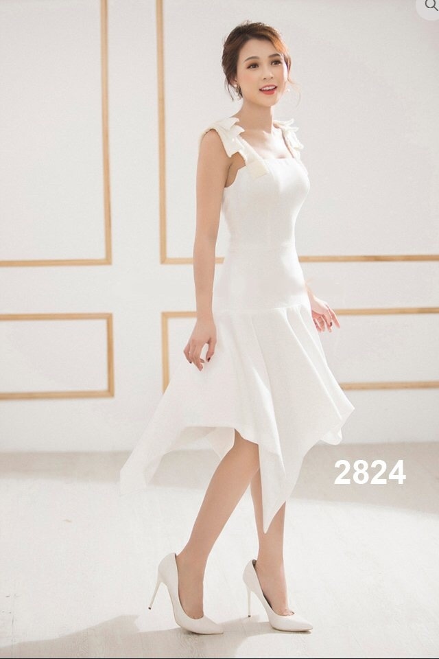 Đầm xòe màu trắng thiết kế hai dây sang trọng - đầm xòe trễ vai dễ thương