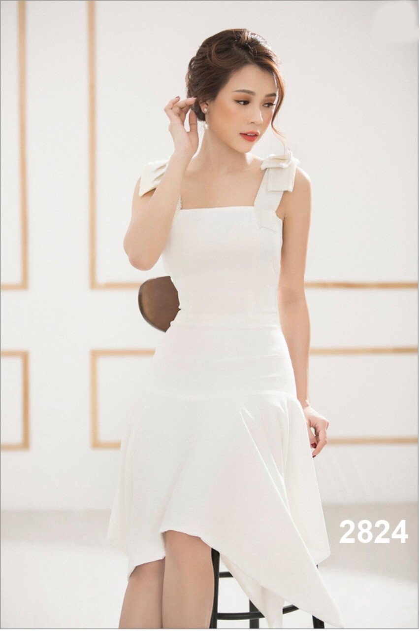 Đầm xòe màu trắng thiết kế hai dây sang trọng - đầm xòe caro đẹp