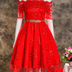 Đầm xòe ren hoa dự tiệc sang trọng thiết kế trễ vai màu đỏ quyến rũ 